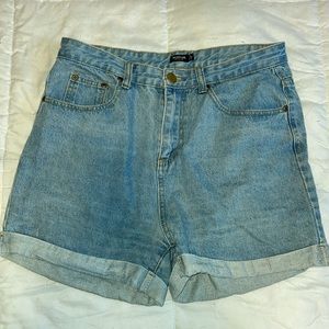 Light denim high waisted shorts